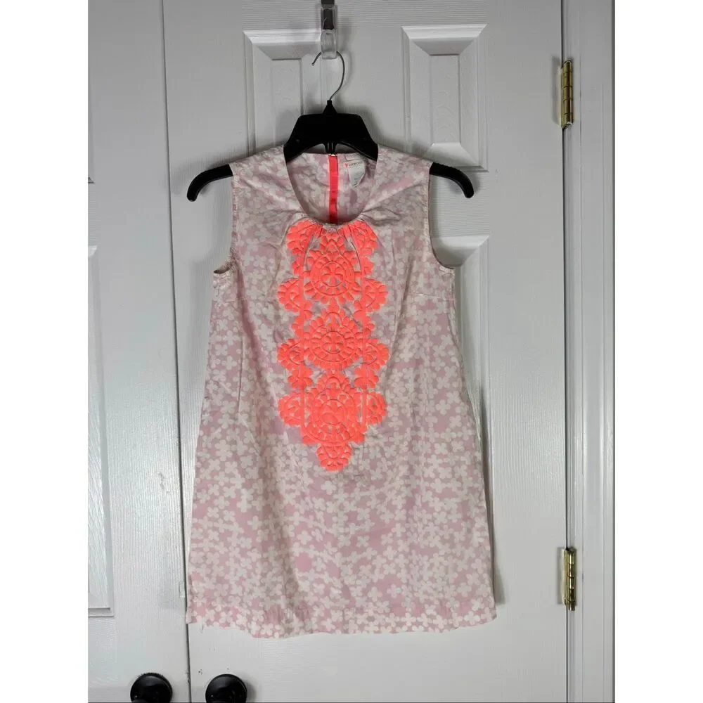 Crewcuts Girls Size 12 Pink Floral Sleeveless Shift Dress With Neon Coral Embroi